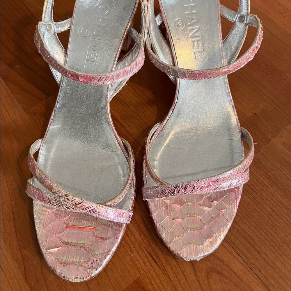 Chanel Multi-Color Metallic Open Toe Snakeskin Sl… - image 1